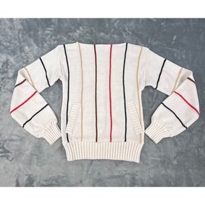 Vintage 70s A Vantage Striped Knit Sweater Cream Red Black Pockets Boat Neck XS